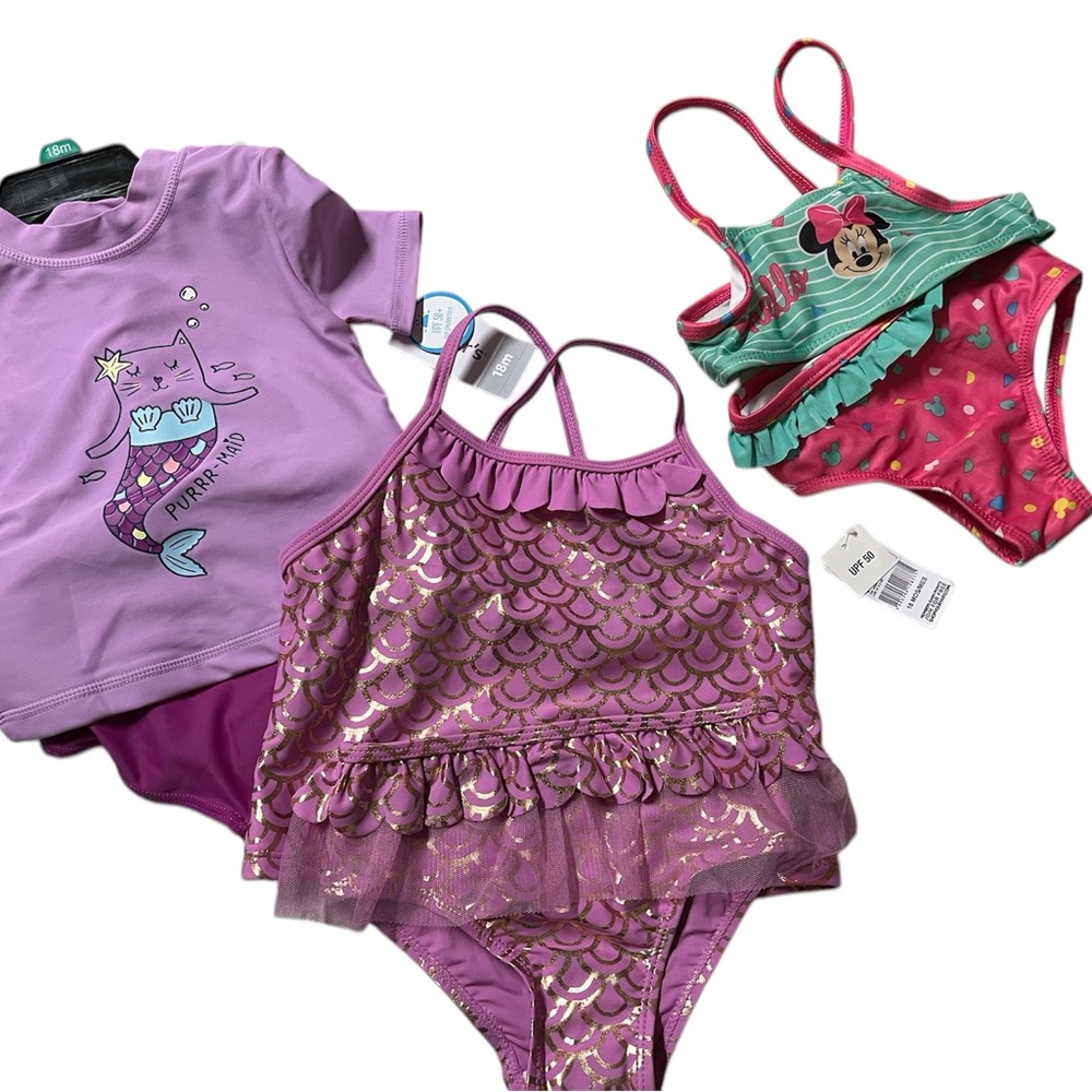 Purple Mermaid, Mermaid 3 piece w hat (50 spf ) and Minnie Mouse Swimsuit Set